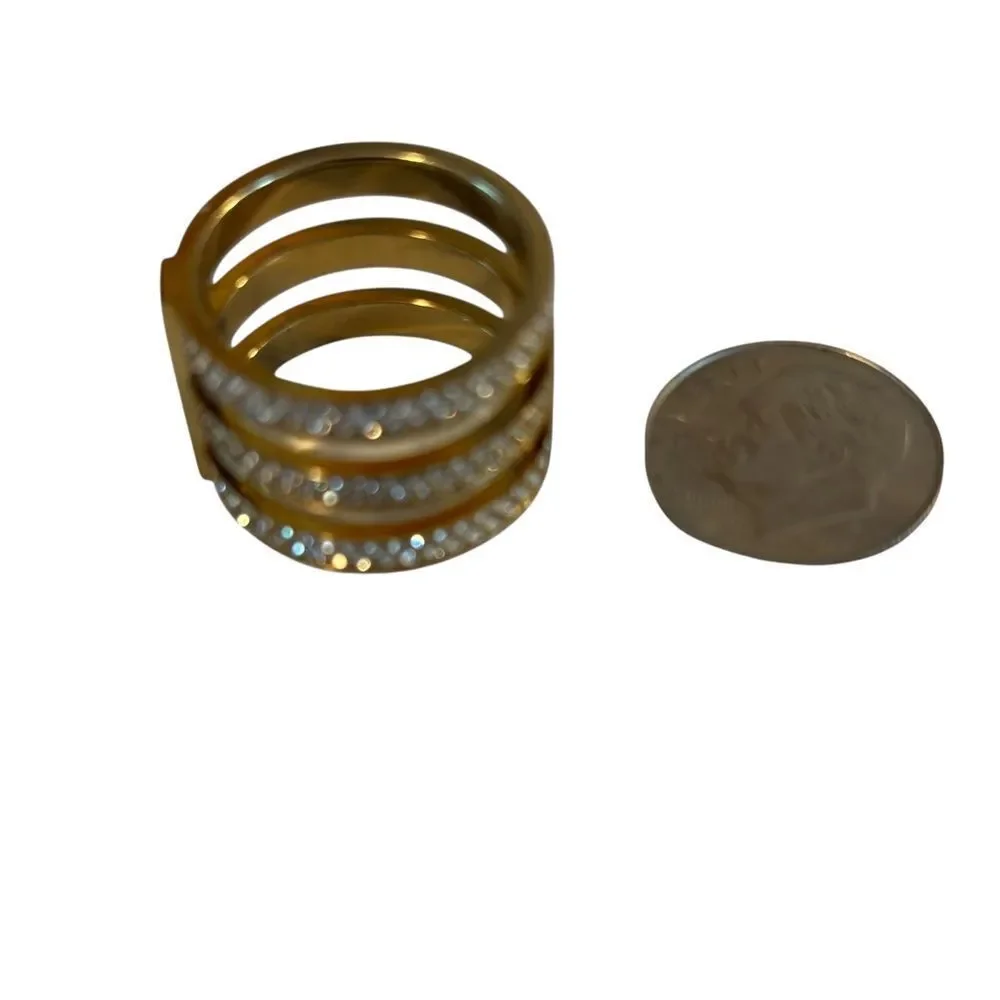 Michael Kors Gold Tone Tri-Stack Fashion Ring w/ Clear Pave Crystals.